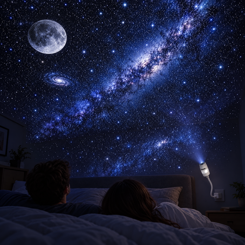 Chambre la nuit, voie lactée, lune et étoiles projetées au plafond par le projecteur galactique