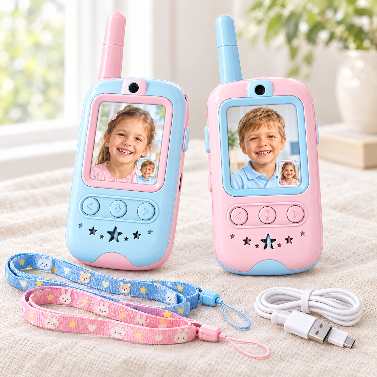 Deux talkies-walkies vidéo pour enfant, un bleu et un rose, écrans allumés, avec dragonnes et câble USB