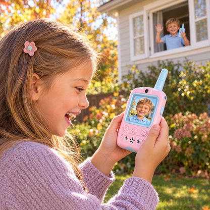 Fillette au jardin en appel vidéo avec son frère sur son talkie-walkie rose