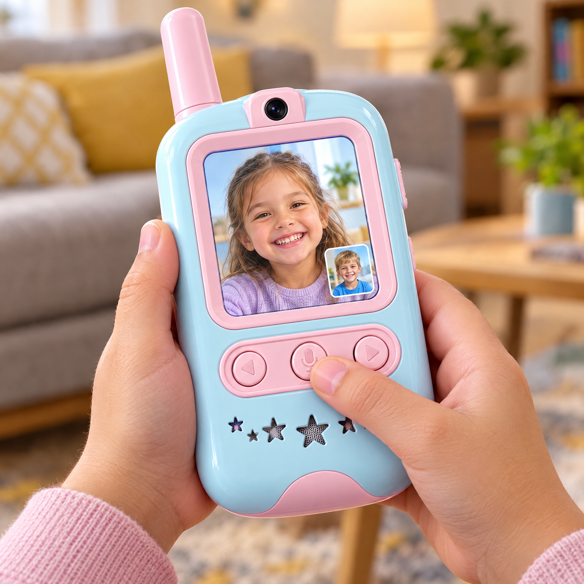 Mains d'enfant sur le talkie-walkie vidéo bleu, appel vidéo à l'écran