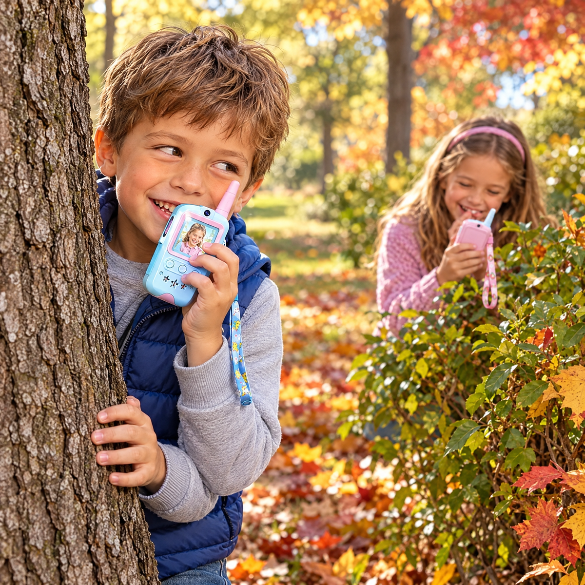 Frère et sœur qui jouent à cache-cache au parc avec leurs talkies-walkies vidéo
