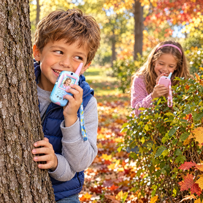 Frère et sœur qui jouent à cache-cache au parc avec leurs talkies-walkies vidéo