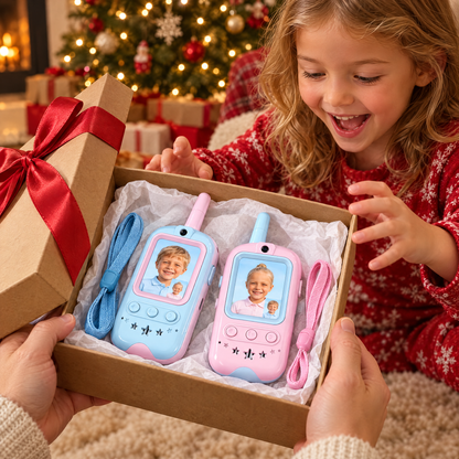 Talkies-walkies vidéo offerts dans une boîte cadeau devant le sapin de Noël