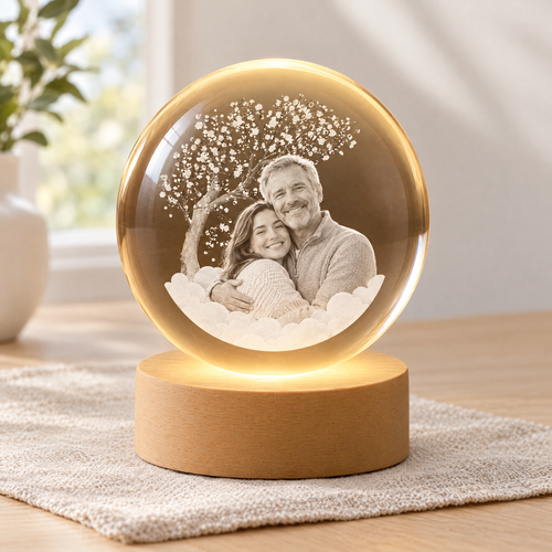 Veilleuse boule photo effet cristal allumée sur son socle en bois, photo d'un père et de sa fille