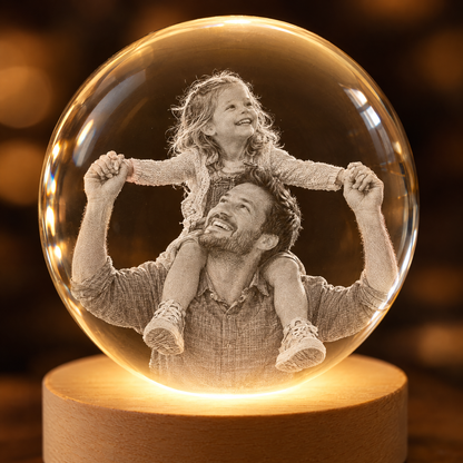Gros plan sur la photo reproduite à l'intérieur de la boule, éclairée par la LED du socle