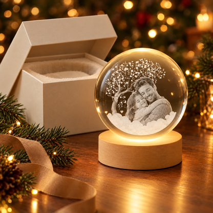 Veilleuse boule photo à côté de sa boîte cadeau, ambiance de Noël