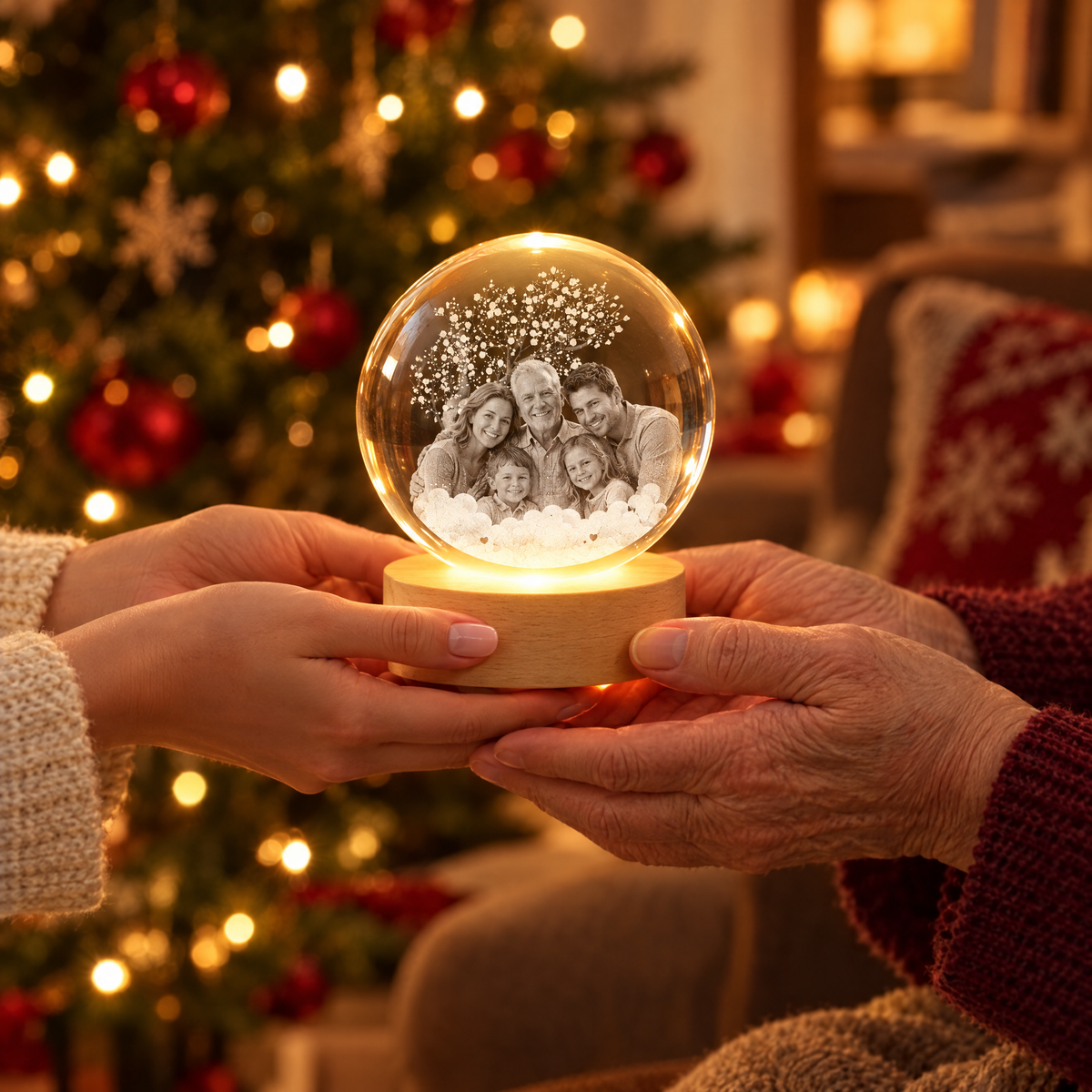 Mains qui offrent la veilleuse boule photo personnalisée devant un sapin de Noël