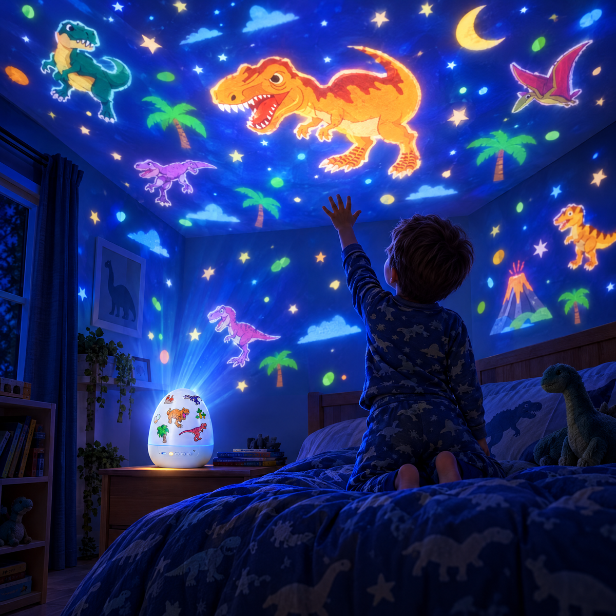 Chambre d'enfant la nuit, dinosaures et étoiles projetés au plafond par la veilleuse œuf
