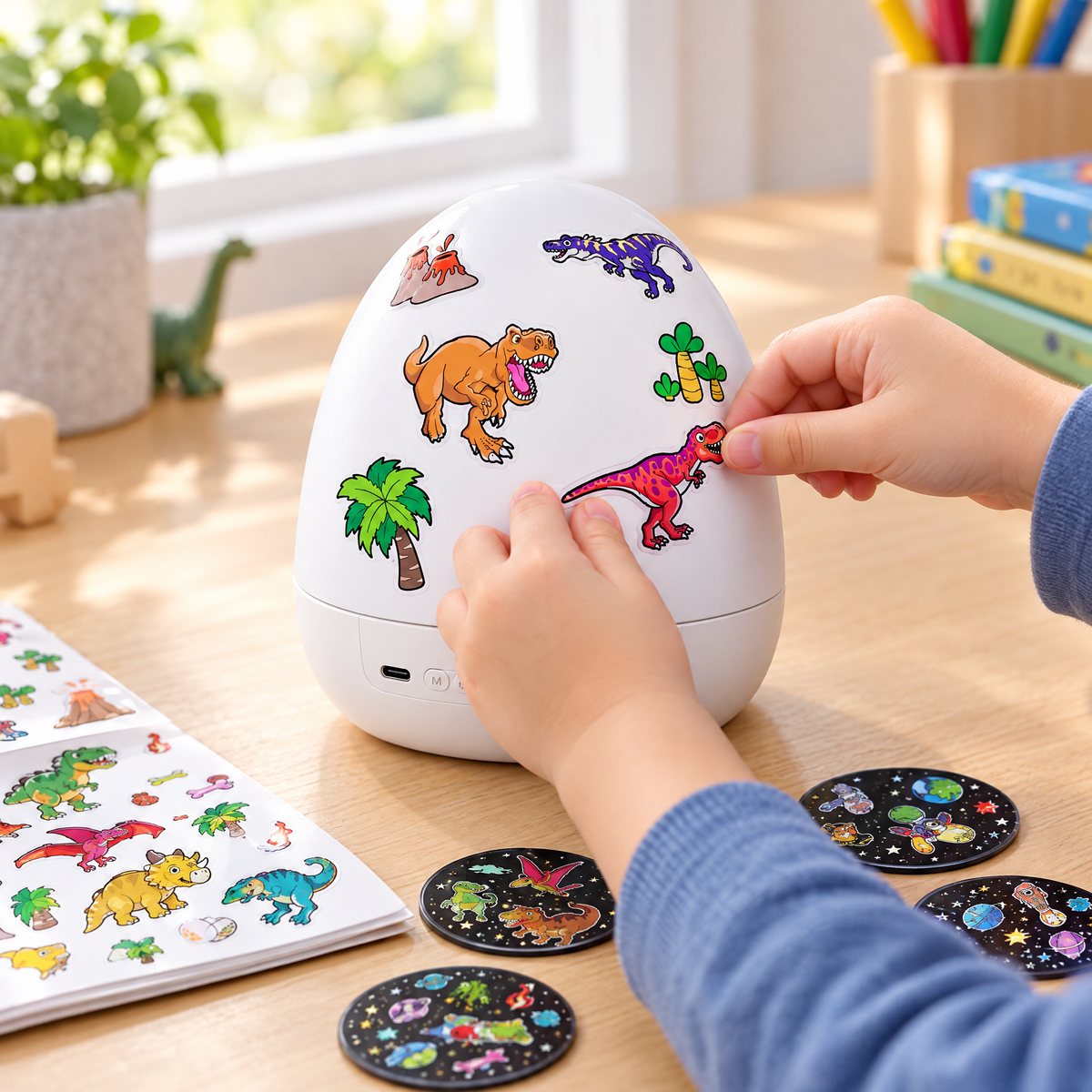 Mains d'enfant qui collent un sticker dinosaure sur la veilleuse projecteur œuf