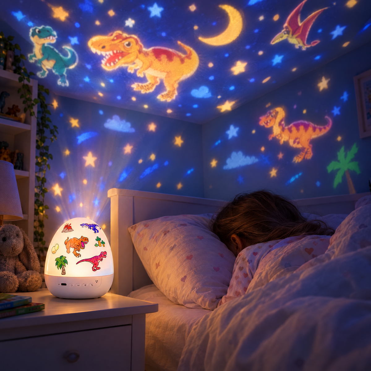 Enfant endormie sous les étoiles et les dinosaures projetés par la veilleuse