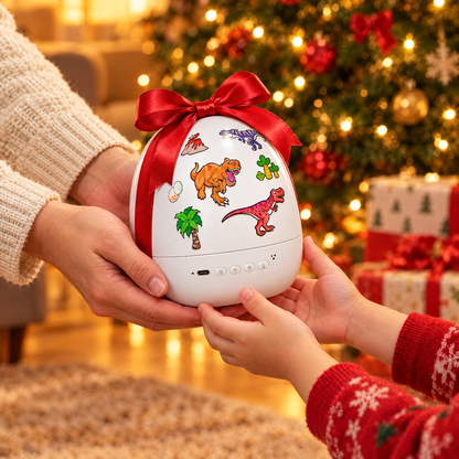 Veilleuse projecteur dinosaure offerte avec un nœud rouge devant le sapin de Noël